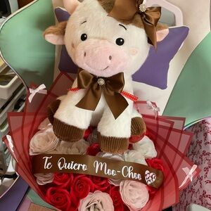Cute Cow Plush with Red and White Rose Bouquet
